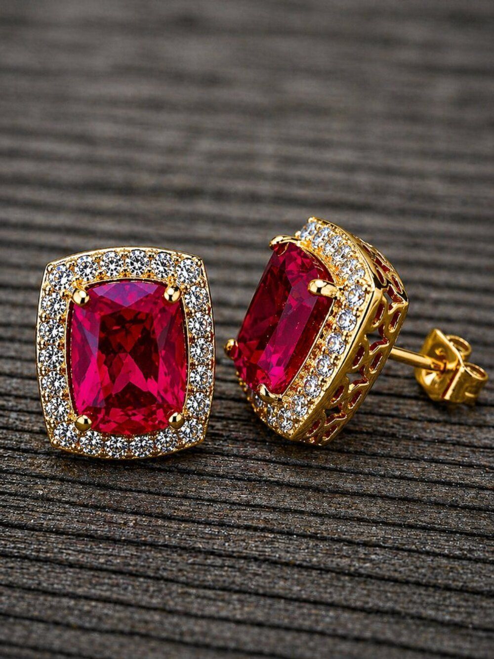 Lab Simulated Ruby & Diamond Rectangle Earrings
